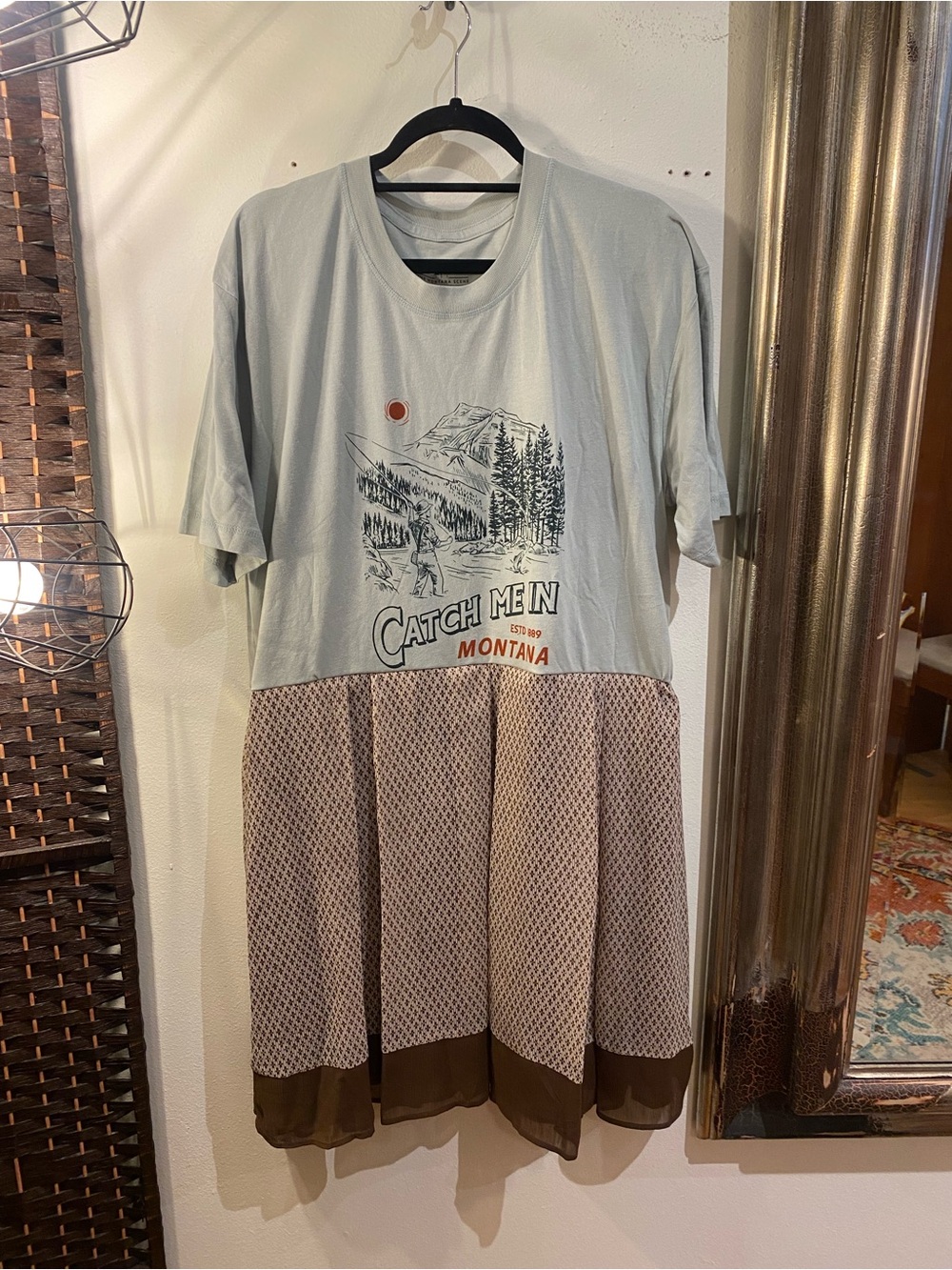 OOAK Upcycled Catch Me In Montana Graphic Short Sleeve Shirt Dress - Light Blue